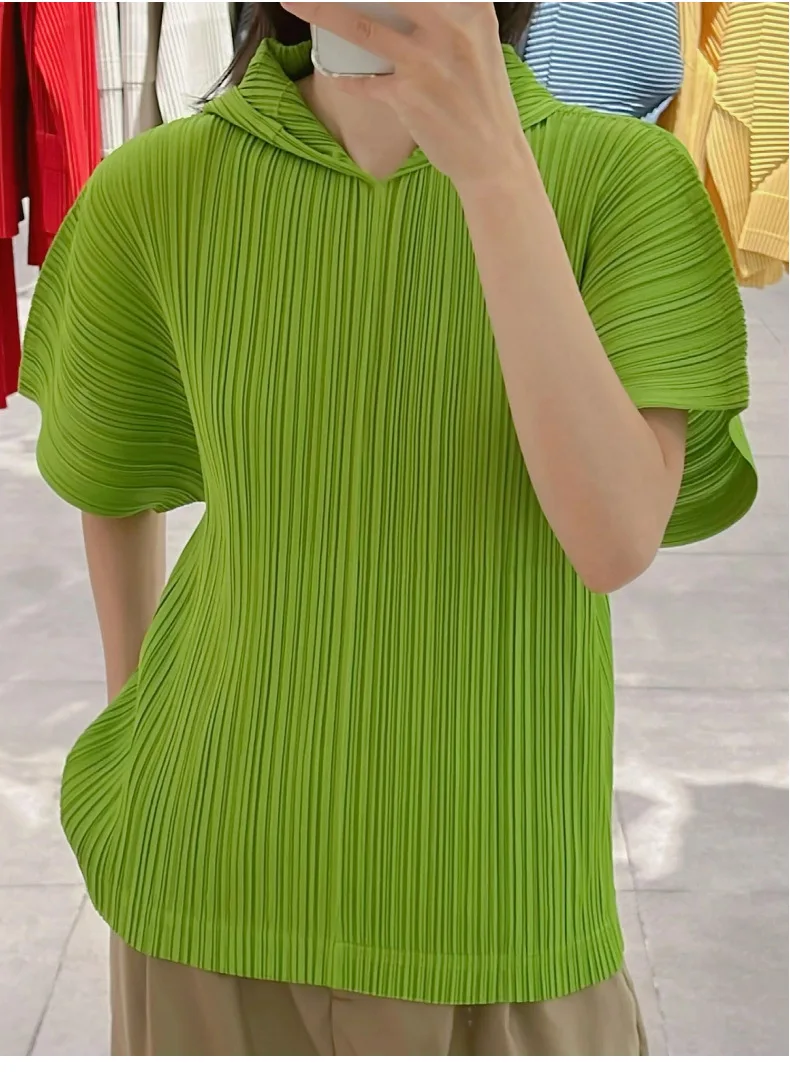 Women Hooded T-Shirt 2026 Summer New Arrival Solid Colour Classic Short-Sleeved Pleated Loose Fit Plus Size Female T-Shirt