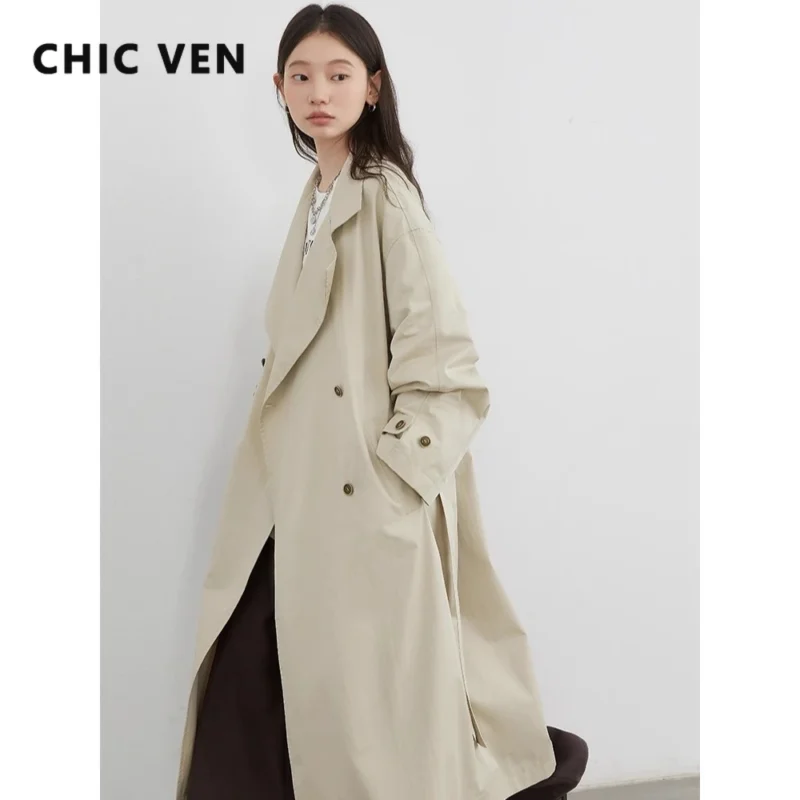 CHIC VEN Fashion Women Long Trench Coat Solid Belt Loose Casual Windbreaker Double-breasted Female Overcoat Spring Autumn 2025