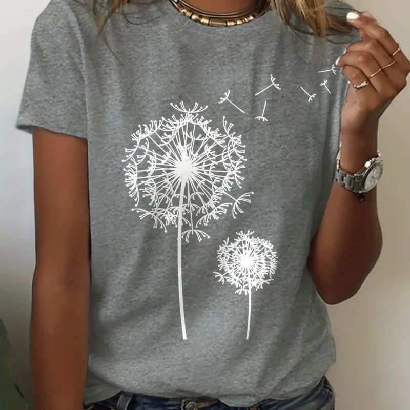Dandelion Print Crew Neck T-Shirt, Casual Short Sleeve Top For Spring & Summer, Women's Clothing