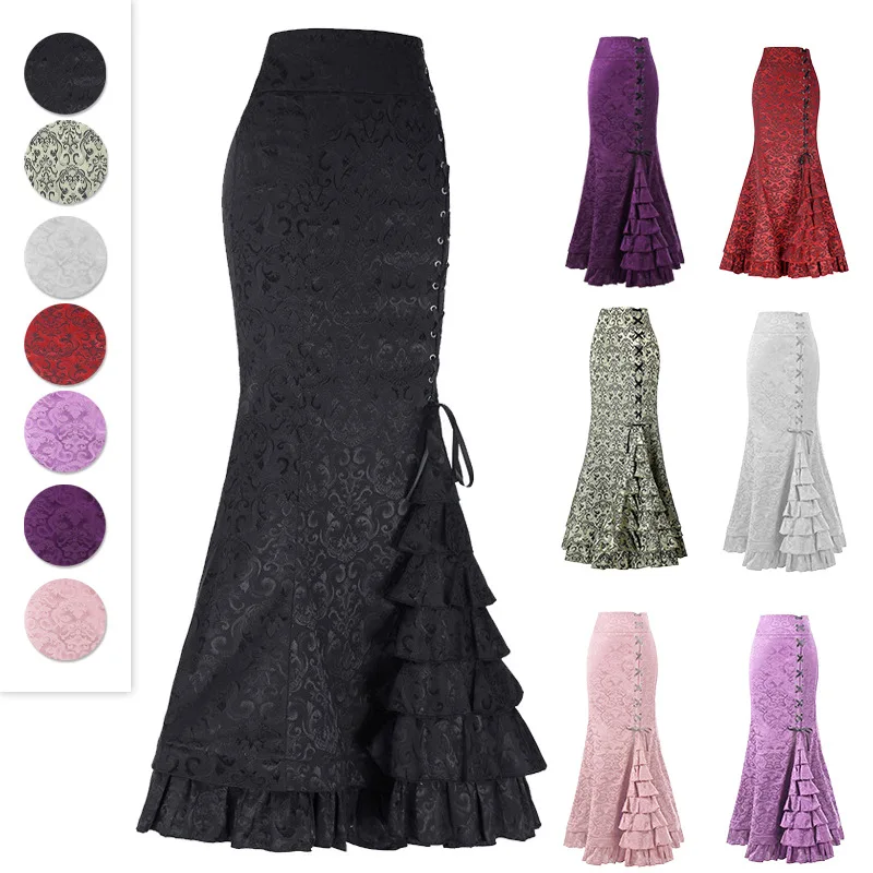 1pcs/lot Women Skirt vintage Style Retro Mermaid Skirt Vintage Long Ruffle Slim Fishtail lace-up long print Skirt